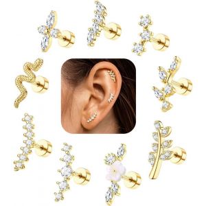 Kal-Piercing Oreille Helix Tragus Conch - 9pcs 16g 18g Boucles D'oreilles Femme Acier Chirurgical Argent Boucle D'oreille Piercing Oreille Acier Chirurgical Or Boucles D'oreilles Helix Tragus Conch - Neuf