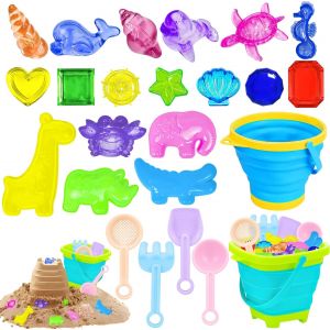 KAL-24 Pcs Jouet De Plage Enfant, Bac A Sable Avec 2 Seau Plage Pliables, 4 Pelles À Sable, 14 Moules À Sable, Jouet De Plage De Voyage Pour Enfants Pour Garçons Et Filles De 1, 2, 3, 4 Et 5 Ans - Neuf