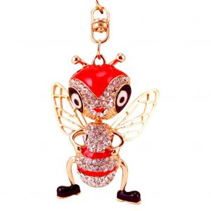 Porte-Cles Tendance En Alliage De Zinc Avec Strass En Forme D'abeille, Pendentif Decoratif Pour Sac, Rouge - Neuf