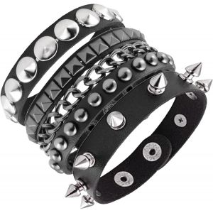 Kal-3pcs Punk Rock Bracelet En Cuir, Emo Bracelet Incrusté,Cuir Pointu, Bracelet Manchette,Hommes Femmes 80 's Bijoux Gothique, Réglable Wrap Bracelet Manchette, Soul Indisciplinée Accessoires - Neuf