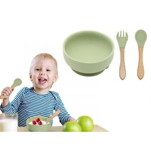 Bol &Agrave; Ventouse En Silicone Vert Olive Avec Cuill&egrave;re Et Fourchette Pour B&eacute;b&eacute;s Et Tout-Petits - Neuf