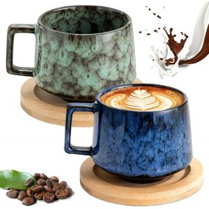 Lot De 2 Tasses À Expresso,190 Ml,Tasses À Cappuccino,À Paroi Épaisse,Tasses À Café Avec Soucoupes En Bois,Tasses À Café En Faïence,Pour Américain,Latte,Thé Et Café (Bleu Foncé + Vert Foncé) - Neuf
