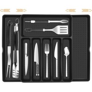 Chaas-Range Couverts Pour Tiroir, Plateau D'ustensiles Extensible Pour Tiroir, Organisateur De Cuisine, Insert &Agrave; Couverts Pour Tiroirs, Pour Cuill&egrave;res, Fourchettes, Couteaux, Grand (Noir) - Neuf