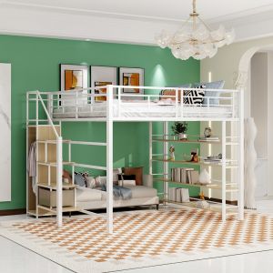Lit d'enfant high sleeper 140x200 cm avec marchepied de s&eacute;curit&eacute;, rangement et petite armoire blanc - Neuf