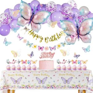 Trahoo-Décorations D'anniversaire Papillons ¿ Décoration De Fête Violette Avec Ballons, Banderole ""Happy Birthday"", Autocollants Papillons 3d Et Nappe Pour Filles - Neuf