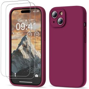 3 En 1 Coque Iphone 15 Silicone Liquide - Avec 2 Verre Trempé - Étui Protection Précise De Caméra [Résistant Aux Rayures] [Antidérapant] Iphone 15 Case 6.1"", Vin Rouge - Neuf