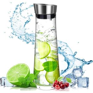ChenQuanSarl-Carafe En Verren,1,5 Litres,Bouteille En Verre Avec Couvercle Et Verseur En Acier Inoxydable,Pichet À Thé Glacé, Pour Boisson Maison/Thé Glacé/Lait/Jus/Café/Vin De Service. - Neuf