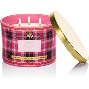 Bougie Parfum&eacute;es Panier Tropical|Bougie Parfum&eacute;e Avec 3 M&egrave;ches|330g Scented Candle Naturelle de Soja|65 Heures De Combustion|&agrave; Damier Parfum&eacute;e Cadeau - Neuf