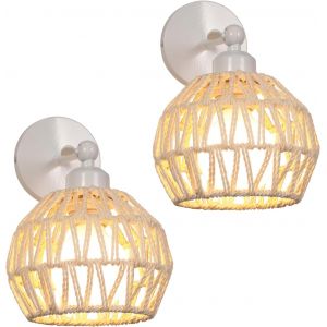 Subzonal-Lot De 2 Appliques Murales Vintage E27 Lampe Murale Créative En Corde Abat-Jour En Cage Design Rotative Applique Rotin Luminaire Plafonnier Rétro Pour Couloir Escalier Cuisine,Blanc - Neuf