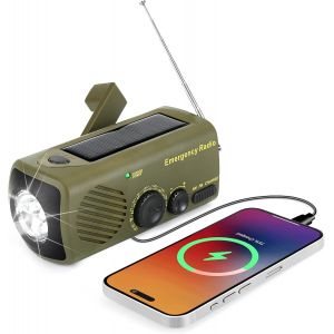 Radio solaire d'urgence , radio portable &agrave; manivelle avec AM/FM, batterie externe rechargeable 3000 mAh, alarme SOS, lampe torche LED, chargeur USB pour t&eacute;l&eacute;phone portable, pour camping et randon - Neuf
