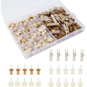 ChenQuanSarl-Lot De 200 Puna s En Bois - 5 Styles - Mini Puna s Avec Boîte - Pour Travaux Manuels, Panneau De Liège, Photos, Posters - Neuf