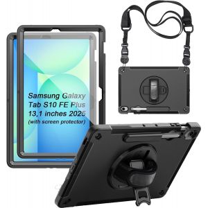 Coque Robuste Pour Samsung Galaxy Tab S10 Fe Plus (13,1"") 2025,&Eacute;tui De Protection R&eacute;sistant Avec Protecteur D'&eacute;cran,Support Rotatif,Dragonne,Bandouli&egrave;re Et Porte Stylet-Noir - Neuf