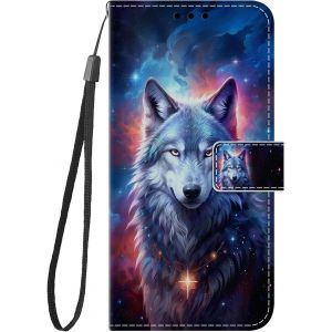 KALANKA-Coque pour Samsung Galaxy A17 5G Antichoc PU Cuir &agrave; Rabat Housse &Eacute;tui avec Mignonne Motif Dessin Design, Portefeuille Etui Flip Folio Case Cover pour Galaxy A17, Loup - Neuf