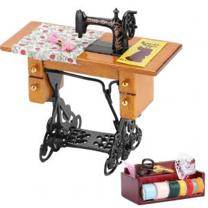 Mini Machine A Coudre Vintage En Bois Avec Boite A Couture Pour Maison De Poupee 1:12 - Neuf