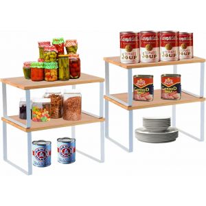 Sjzg-Lot De 4 &Eacute;tag&egrave;res De Rangement M&eacute;talliques Pour Placard De Cuisine, &Eacute;tag&egrave;re Vaisselle En Bambou, Organisation De Cuisine, Empilables Comptoirs Et Garde-Manger - Blanc - Neuf