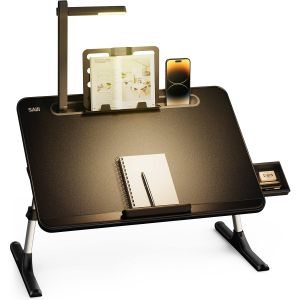 acdsgd-Table de lit pour ordinateur portable avec lampe LED, angle r&eacute;glable en hauteur, avec support de livre, tiroir, butoir pour lap, fente pour tablette, pieds de luge - Neuf