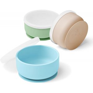 Kal-| Set Bol Ventouse Pour Bébé Avec Couvercle En Silicone | Bol Bebe Anti Renversement | Bol Bebe 1er Age | Coffret Repas | Bleu, Vert Et Beige - Neuf