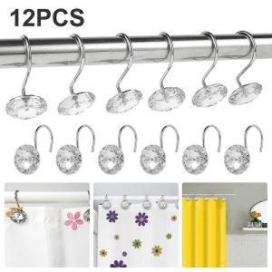 12Pcs Rideau de Douche Crochets Acier Acrylique Cristal Rond Diamant Anneaux Décoratifs Pour Tringles À Rideaux Tringles De Douche - Neuf