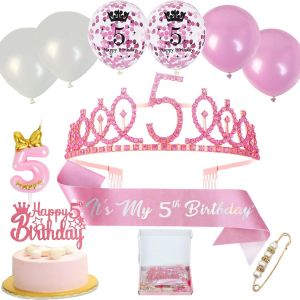 Kalanka-Neodtx 5ème Anniversaire Fille 5 Ans Rose Écharpe D'anniversaire Couronne Enfants 11 Pièces Cadeau Pour 5 Couronnes D'anniversaire Écharpe D'anniversaire Et Couronne Décoration De Gâteau Ball - Neuf