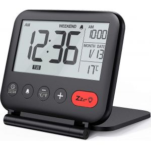 Réveil de voyage numérique Mini horloge d'affichage LCD portable avec rétroéclairage calendrier Température Snooze 12/24h miroir de maquillage,petite batterie pliante Ope - Neuf