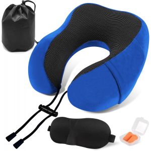 TIANYI-Coussin de Voyage, Oreiller de Voyage en Mousse à Mémoire de Forme, Coussin Avion avec Masque de Sommeil Bouchons d'oreilles et Pochette de Transport, Coussin de Nuque pour la Voiture - Neuf