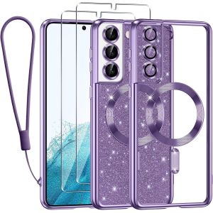 SJZG-Glitter Magn&eacute;tique Pour Samsung Galaxy S22 5G Con Cordon, [Compatible Avec Magsafe] Antichoc Brillant Paillet&eacute; Housse Souple Couqe Pour Samsung S22 Avec 2 Pi&egrave;ces Verre Tremp&eacute; &Eacute;tui, Violet - Neuf