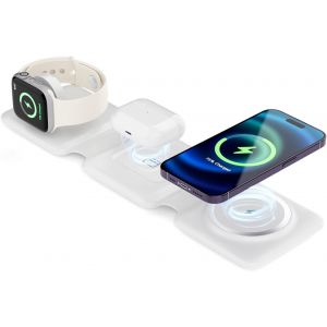 Thef-Station De Charge Magnétique Sans Fil 3 En 1 Avec Adaptateur Rapide 18w Pour Iphone 14/13/12 Series, Samsung Note/Mate/Pixel /S20/S21 Series, Airpods Pro/3/2, Apple Watch 2/3/4/5/Se/6/7/8-Blanc - Neuf