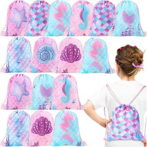 16 Pcs Sacs De Faveur De Fête De Sirène Sachets À Cordon De Sirène À Dos De Bonbons Cadeaux De Poisson Anniversaire En Vrac Sacs De Friandises De L'océan Sous La Mer 25 X 30 Cm - Neuf