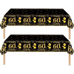 Tianyi-2 Pièces Nappe Noire Et Dorée Décor Fête D'anniversaire Pour 60 Ans, 137x274cm Nappe Plastique Et Rectangulaire Décoration De Table Joyeux Anniversaire Pour Homme Femme Décoration Anniversaire - Neuf