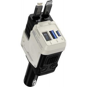 Chargeur De Voiture R&eacute;tractable [120 W Usb C] 4 En 1, Adaptateur De Chargeur De Voiture Avec C&acirc;bles R&eacute;tractables Et Affichage De La Tension Avec Ports Usb/Usb-C Compatible Avec Iphone, - Neuf