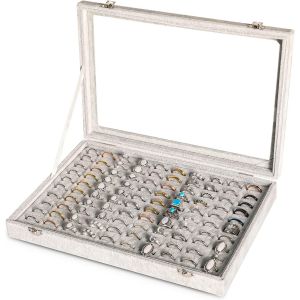 Sjzg-Plateau De Rangement De Bagues En Velours Avec 100 Emplacements Avec Couvercle Transparent Pour Bijouterie, Vitrine Pour Femme (Gris) - Neuf