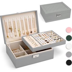 Boite a Bijoux, Grande Bo&icirc;te &agrave; Bijoux avec 2 &Eacute;tages, Organisateur de Bijoux de Voyage en Cuir PU, Portable Organisateur de Bo&icirc;te &agrave; Bijoux, Coffret &agrave; Bijoux pour Ranger Bagues, Gris Argent&eacute; - Neuf