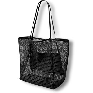 nzqaf-Mesh Sac de Plage Surdimensionné, avec Poche Intérieure Zippée, 35 * 17 * 37cm Sac de Plage Femme Pliable, Grand Gac de Plage Bohème, Adapté aux Vacances, Pique-Nique Plage Usage Quotidien - Neuf