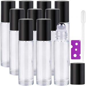 Lot De 10 Flacons À Bille Rechargeables En Verre Transparent Avec Couvercles Noirs,12 Étiquettes,Compte-Gouttes Et Décapsuleur Inclus-Parfait Pour Le Parfum,L'aromathérapie - Neuf