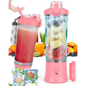 NouvelHorizonstore-Mixeur portable 600 ml pour smoothies et milk-shakes, 6 lames, mini mixeur 4000 mAh, peut presser 25 tasses de jus pour bureau, camping et voyages (rose) - Neuf