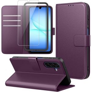 Aefj-Coque Portefeuille Compatible Avec Samsung Galaxy A17 4g/ 5g Avec 1 Pi&egrave;ce Protection &Eacute;cran En Verre Tremp&eacute; Et 1 Pi&egrave;ce Outil D'installation Simple,Pu Cuir Housse, Support &Eacute;tui - Violet - Neuf