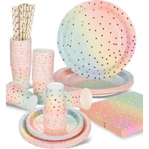 Checarzhn--No1-Vaisselle Jetable Anniversaire Pastel, 125 Pièces Vaisselle Jetable Decoration Anniversaire Set Comprendre Assiettes En Papier, Serviettes, Paille, Tasses Pour Douche Nuptiale, Fiançai - Neuf