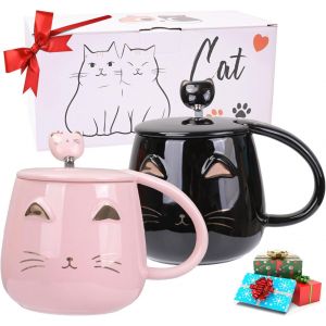 Eryi-Lot De 2 Tasses De Chat En Céramique Avec Couvercle Et Cuillère,Nouveauté Morning Cup Tasses À Café Pour Saint Valentin, Les Amoureux Des Chats Femmes,Cadeau De Noël Ou D'anniversaire, 400ml - Neuf