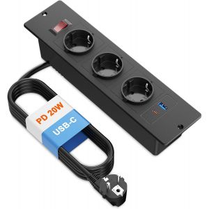 Bloc Prise Encastrable USB C PD 20W, Multiprise Encastrable 3 Prises avec USB et Interrupteur Noir, Câble 1,8 m - Neuf