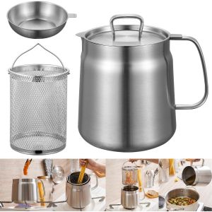 Pots De Filtre À Huile En Acier Inoxydable,2l Bidon De Graisse Avec Filtre À Mailles Couvercle Anti-Poussière Et Panier Pour Stocker L'huile De Friture - Neuf