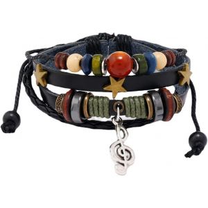 Kal-Bracelet En Cuir Tiss&eacute; Bracelets De Manchette Tress&eacute;s Bracelets &Eacute;toiles Note De Musique Bracelets Perl&eacute;s Bracelets &Eacute;lastiques Tribaux Ethniques Pour Hommes Femmes (Noir) - Neuf