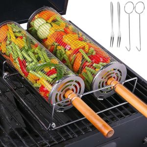 Ulteronixshop-Grilloir en Acier Inoxydable 2 Pi&egrave;ces, Panier de Grillade Tournant Cylindrique avec Poign&eacute;e en Bois Amovible - Accessoire BBQ pour Grill Ext&eacute;rieur, Camping - L&eacute;gumes, Poisson, Viande, F - Neuf