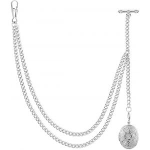 Kal-Chaine Montre Gousset - Cha&icirc;ne Montre &Agrave; Gousset Pour Hommes Avec Pendentif M&eacute;daillon, Montre De Poche Et Cha&icirc;ne, Albert Chaine Fob T Bar Curb Link T-Bar 2 Crochets Ancienne Pour Homme | Argent - Neuf