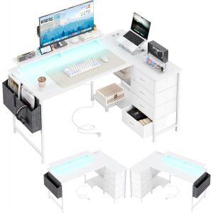 KSFAL-Bureau D'Angle Avec 4 Tiroirs En Tissu,120X90 Cm,Réversible,En Forme De L,Avec Port De Charge Usb Et Prise De Courant,Bureau En Forme De L Avec Étagère Pour Écran Pour Bureau À Domicile - Neuf