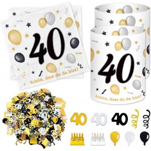 Tianyi-Lot De 20 Serviettes Pour 40 Ans + 12 Photophores - Décoration De Table - 40 + 500 Confettis - Décoration De Table Pour 40 Ans - Noir Et Or - Neuf