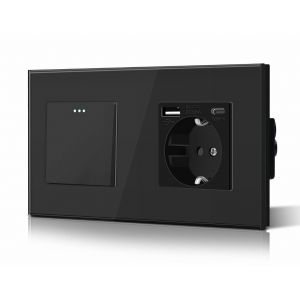 Interrupteur normal et prise USB C, basculant avec voyants LED, cadre en verre, installation facile, faciles à nettoyer, 1 entrée 1 voie avec prise USB/type C, 157 mm Noir - Neuf