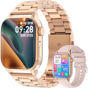 Montre Connect&eacute;e Homme Femme, Avec 2 Bracelets R&eacute;glables, La Fonction D'Appel Et L'Assistant Vocal, 100+ Modes Sportifs, Smartwatch, Compatible Avec Android Et Ios, Dor&eacute;e - Neuf
