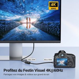 Micro HDMI vers HDMI 4K 60Hz Adaptateur Micro Mâle vers Femelle Transfert Bidirectionnel Supporte 3D Ethernet Arc Compatible avec Raspberry Pi 4 Hero 7 6 Black ASUS Zenbook UX330UA Yoga (50CM) - Neuf