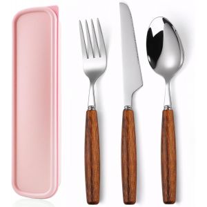 Sjzg-Couvert Camping Couteau Fourchette Cuillere, Couverts Voyage Avec Coffre Rangement, Vaisselle Portative En Acier Inoxydable Couverts Avec Manche En Bois Vaisselle Pour Les Pique-Niques (Rose) - Neuf
