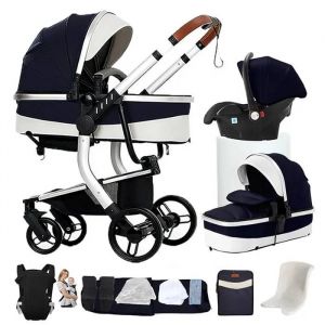 Poussette 3 En 1 Magic Zc Poussette Poussette Bebe Poussette Pliable Poussette Nouveau-N&eacute; Cuir Pu Sac &Agrave; Main Porte-B&eacute;b&eacute; Bleu Argent&eacute; - Neuf